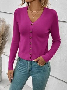 SHEIN Frenchy 女款素色長袖單排扣開襟針織衫，秋季休閒通勤商務毛衣 - 玫紅色 - 查看 6