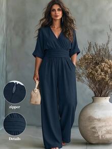 Linhara CURVE Versatile Premium Linen Casual Elegant Plus Size Women's Jumpsuit Autumn Formal Vacation Navy Blue Fall - Navy Blue - View 1