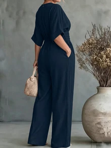 Linhara CURVE Versatile Premium Linen Casual Elegant Plus Size Women's Jumpsuit Autumn Formal Vacation Navy Blue Fall - Navy Blue - View 2