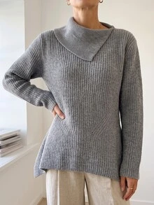 Omancia Autumn/Winter Korean Style Grey Asymmetrical Ribbed Knit Sweater, Elegant High-End Slimming Fashion Versatile Chic -Style Women's Sweater - Grey - View 3