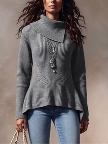 Omancia Autumn/Winter Korean Style Grey Asymmetrical Ribbed Knit Sweater, Elegant High-End Slimming Fashion Versatile Chic -Style Women's Sweater - Grey - View 1