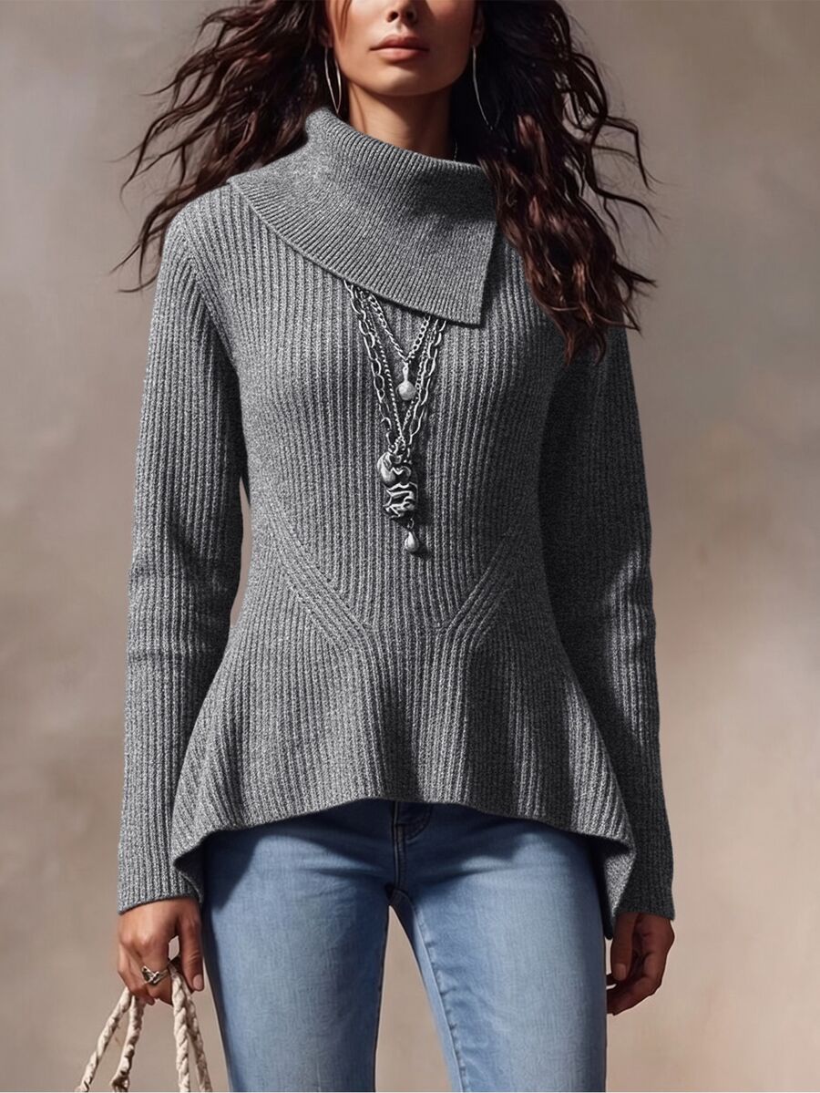 Omancia Autumn/Winter Korean Style Grey Asymmetrical Ribbed Knit Sweater, Elegant High-End Slimming Fashion Versatile Chic -Style Women's Sweater - Grey - View 1