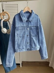 SHEIN Genkimix Kids 青少年女孩牛仔夾克外套，四季新款休閒時尚極簡百搭經典翻領設計，前雙貼袋，雪洗淺藍色水洗牛仔夾克外套，適合校園、休閒、度假 - 中等水洗藍 - 查看 5
