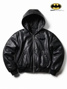 BATMAN X SHEIN STYNVO Men's Bat Pattern Long Sleeve Zipper Front PU Leather Hooded Jacket - Black - View 2