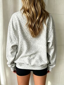 Zavorell Women's Letter & Leopard Print Drop Shoulder Long Sleeve Casual Sweatshirt - Multicolor - View 2