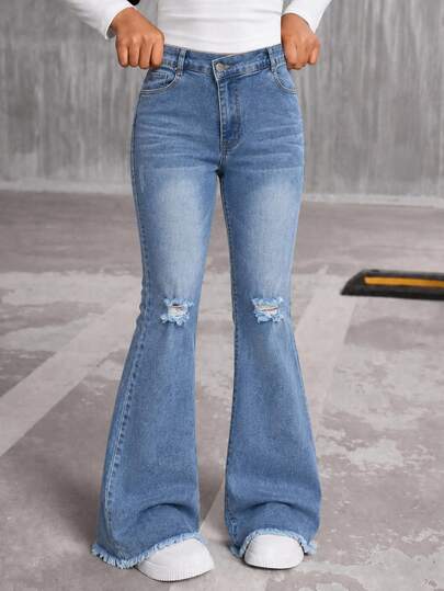 SHEIN Girls' Distressed Flare Jeans, All-Season, Vintage Y2K Street Style, Light Blue Denim, Ripped Distressed, Frayed Hem, Flare Leg, Comfortable Stretch Cotton Denim Fabric, Can Be Paired With Long Sleeve T-Shirts, Sweatshirts, Versatile, Suitable For Daily Outings, Parties, Music Festivals, Etc., Spring/Autumn Bestseller