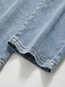 SHEIN 男童秋季棉質水洗多功能寬鬆舒適牛仔長褲，鬆緊腰帶附抽繩，藍色與棕色，適合上學與生日 - 淺色水洗藍 - 查看 9