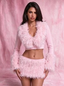 Nooralise Fashionable Hot Girl Sporty Y2K Pink Faux Suede & Faux Wool Patchwork Deep V-Neckline & Exaggerated Oversized Cuffs Skirt Two Pieces Set - Pink - View 1