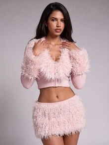 Nooralise Fashionable Hot Girl Sporty Y2K Pink Faux Suede & Faux Wool Patchwork Deep V-Neckline & Exaggerated Oversized Cuffs Skirt Two Pieces Set - Pink - View 4