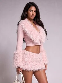 Nooralise Fashionable Hot Girl Sporty Y2K Pink Faux Suede & Faux Wool Patchwork Deep V-Neckline & Exaggerated Oversized Cuffs Skirt Two Pieces Set - Pink - View 7