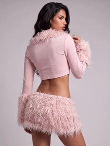 Nooralise Fashionable Hot Girl Sporty Y2K Pink Faux Suede & Faux Wool Patchwork Deep V-Neckline & Exaggerated Oversized Cuffs Skirt Two Pieces Set - Pink - View 2