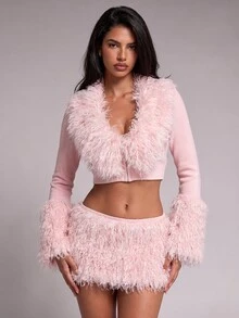 Nooralise Fashionable Hot Girl Sporty Y2K Pink Faux Suede & Faux Wool Patchwork Deep V-Neckline & Exaggerated Oversized Cuffs Skirt Two Pieces Set - Pink - View 3