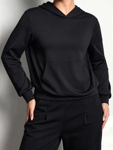 Easithlete Women's Fitness Running Sexy Sheer Mesh Back Hooded Front Pocket Design Mesh Long Sleeve Loose Sports Sweatshirt - Black - View 6