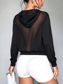 Easithlete Women's Fitness Running Sexy Sheer Mesh Back Hooded Front Pocket Design Mesh Long Sleeve Loose Sports Sweatshirt - Black - View 1