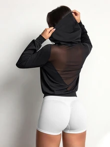 Easithlete Women's Fitness Running Sexy Sheer Mesh Back Hooded Front Pocket Design Mesh Long Sleeve Loose Sports Sweatshirt - Black - View 5