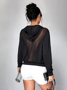 Easithlete Women's Fitness Running Sexy Sheer Mesh Back Hooded Front Pocket Design Mesh Long Sleeve Loose Sports Sweatshirt - Black - View 3