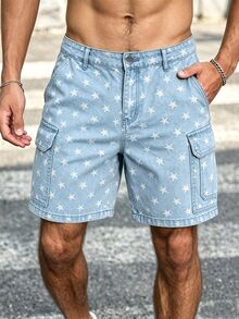 Manfinity Homme American Style Men's Sweet Five-Point Star Pattern Cargo Pocket Denim Shorts - Blue - View 3