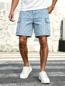 Manfinity Homme American Style Men's Sweet Five-Point Star Pattern Cargo Pocket Denim Shorts - Blue - View 1