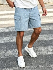 Manfinity Homme American Style Men's Sweet Five-Point Star Pattern Cargo Pocket Denim Shorts - Blue - View 4