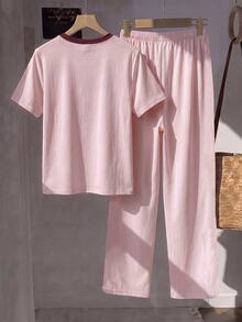 Tseoso 2pcs Set Embroidered Round Neck Short Sleeve Top And Striped Print Pants, Casual - Pink - View 2