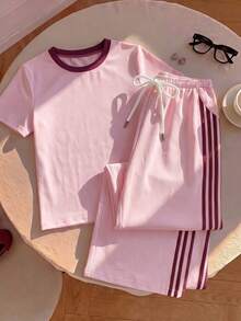 Tseoso 2pcs Set Embroidered Round Neck Short Sleeve Top And Striped Print Pants, Casual - Pink - View 4