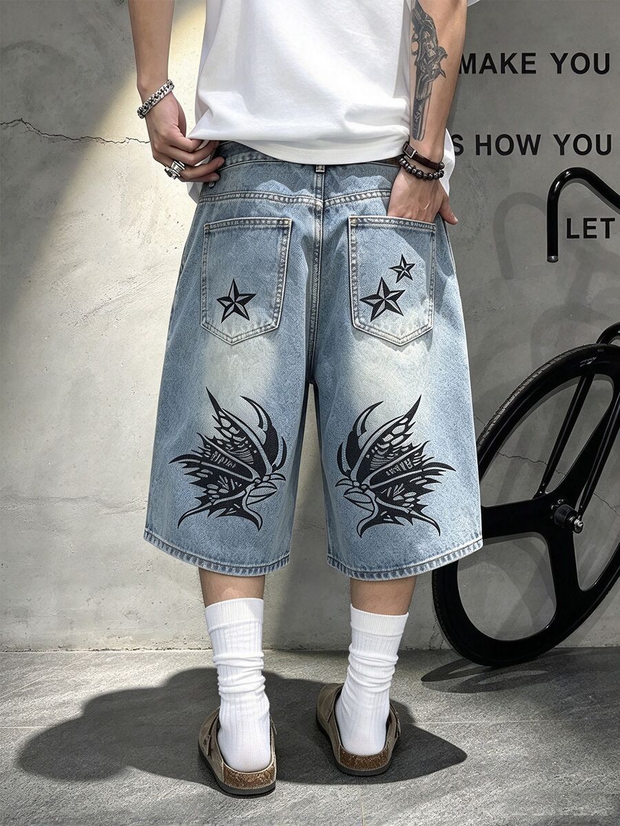 Daypath Summer American Casual Edgy Vintage Print Denim Shorts - Blue - View 1