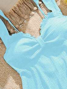 Swim Vcay Women's Solid Color Lining Floral Trim Decor Camisole & Bikini Set, Suitable For Summer Beach & Vacation Swimwear 2 Pieces - Baby Blue - View 5