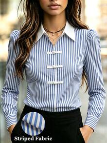 SHEIN Women's Striped Collared New Chinese Style Frog Button Puff Long Sleeve Blouse White Blue Modified Cheongsam Style Daily Commute Slimming Colorblock - Blue and White - View 4
