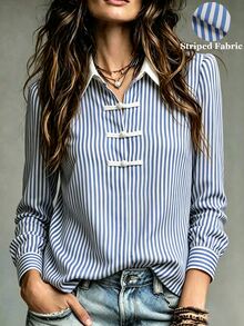 SHEIN Women's Striped Collared New Chinese Style Frog Button Puff Long Sleeve Blouse White Blue Modified Cheongsam Style Daily Commute Slimming Colorblock - Blue and White - View 6