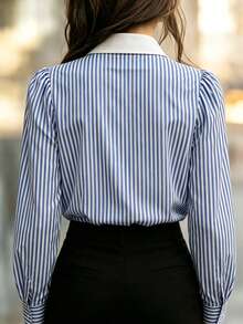 SHEIN Women's Striped Collared New Chinese Style Frog Button Puff Long Sleeve Blouse White Blue Modified Cheongsam Style Daily Commute Slimming Colorblock - Blue and White - View 3