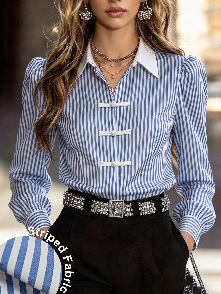 SHEIN Women's Striped Collared New Chinese Style Frog Button Puff Long Sleeve Blouse White Blue Modified Cheongsam Style Daily Commute Slimming Colorblock