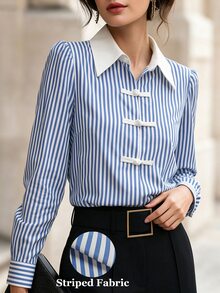 SHEIN Women's Striped Collared New Chinese Style Frog Button Puff Long Sleeve Blouse White Blue Modified Cheongsam Style Daily Commute Slimming Colorblock - Blue and White - View 8
