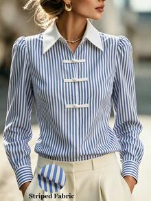 SHEIN Women's Striped Collared New Chinese Style Frog Button Puff Long Sleeve Blouse White Blue Modified Cheongsam Style Daily Commute Slimming Colorblock - Blue and White - View 7