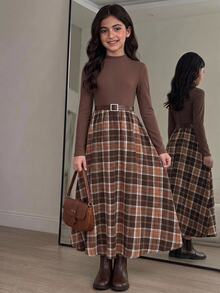 SHEIN Tween女孩秋冬休閒度假優雅長袖長洋裝 棕色女童洋裝 - 棕色 - 查看 1