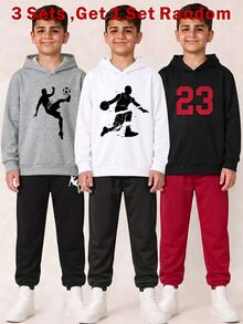 SHEIN Tween Boy Autumn New Arrival Casual Minimalist Football Pattern Fashion Classic English Letter Sports Style Street Style Y2K Sweatshirt & Long Pants 2-Piece Set Suitable For Summer Long Sleeve Hooded Comfortable Sweatshirt 2-Piece Set Suitable For Autumn/Winter - Multicolor - View 3