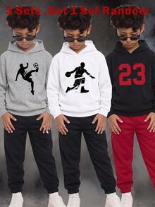 SHEIN Tween Boy Autumn New Arrival Casual Minimalist Football Pattern Fashion Classic English Letter Sports Style Street Style Y2K Sweatshirt & Long Pants 2-Piece Set Suitable For Summer Long Sleeve Hooded Comfortable Sweatshirt 2-Piece Set Suitable For Autumn/Winter - Multicolor - View 1