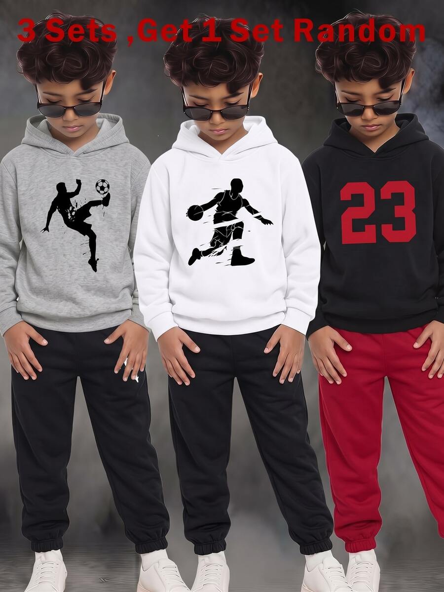 SHEIN Tween Boy Autumn New Arrival Casual Minimalist Football Pattern Fashion Classic English Letter Sports Style Street Style Y2K Sweatshirt & Long Pants 2-Piece Set Suitable For Summer Long Sleeve Hooded Comfortable Sweatshirt 2-Piece Set Suitable For Autumn/Winter - Multicolor - View 1