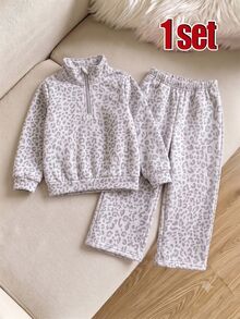 1套女嬰豹紋印花1/4拉鍊高領運動衫+鬆緊腰寬腿褲套裝，可愛休閒秋冬服飾 - 彩色 - 查看 5