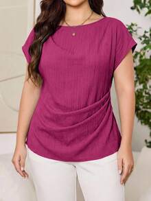 SHEIN Clasi Plus Size Women Solid Color Round Neck Short Sleeve Pleated Casual Shirt - Hot Pink - View 1