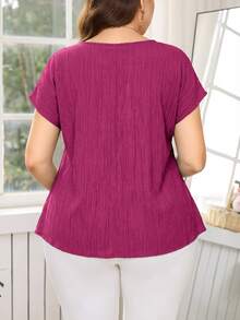 SHEIN Clasi Plus Size Women Solid Color Round Neck Short Sleeve Pleated Casual Shirt - Hot Pink - View 2