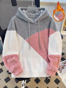 SHEIN LUNE Plus Size Casual Baggy Traditional Colorblock Patchwork Hooded Sweatshirt, Autumn/Winter Formal Home Wear White Vacation - Multicolor - View 2