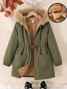 SHEIN 少女版寬鬆休閒連帽極簡純色收腰長袖百搭風衣秋季外套 - 軍綠色 - 查看 4