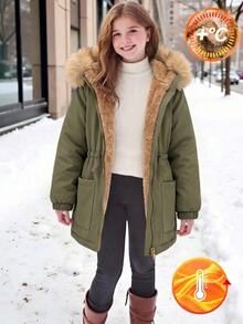 SHEIN 少女版寬鬆休閒連帽極簡純色收腰長袖百搭風衣秋季外套 - 軍綠色 - 查看 1