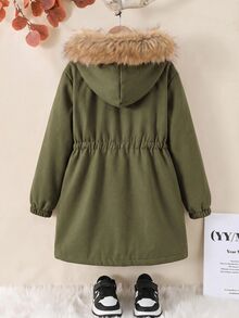 SHEIN 少女版寬鬆休閒連帽極簡純色收腰長袖百搭風衣秋季外套 - 軍綠色 - 查看 7