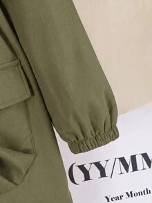 SHEIN 少女版寬鬆休閒連帽極簡純色收腰長袖百搭風衣秋季外套 - 軍綠色 - 查看 6