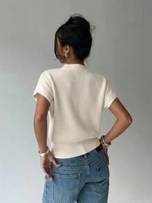 Aloruh Women's Solid Color Stand Collar Casual Versatile Daily Knit Top - Beige - View 2