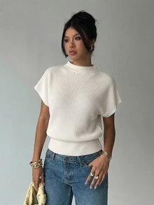 Aloruh Women's Solid Color Stand Collar Casual Versatile Daily Knit Top - Beige - View 3