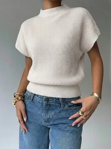 Aloruh Women's Solid Color Stand Collar Casual Versatile Daily Knit Top - Beige - View 7