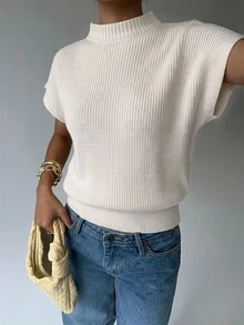 Aloruh Women's Solid Color Stand Collar Casual Versatile Daily Knit Top - Beige - View 6