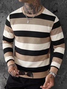 SLATEMANN 男士舒適寬條紋布料圓領長袖衛衣，休閒度假、朋友約會、雞尾酒會、沙龍、聚會、日常辦公、極簡商務，特別適合秋冬穿搭，適合個人穿著或作為送給朋友的禮物 - 彩色 - 查看 8